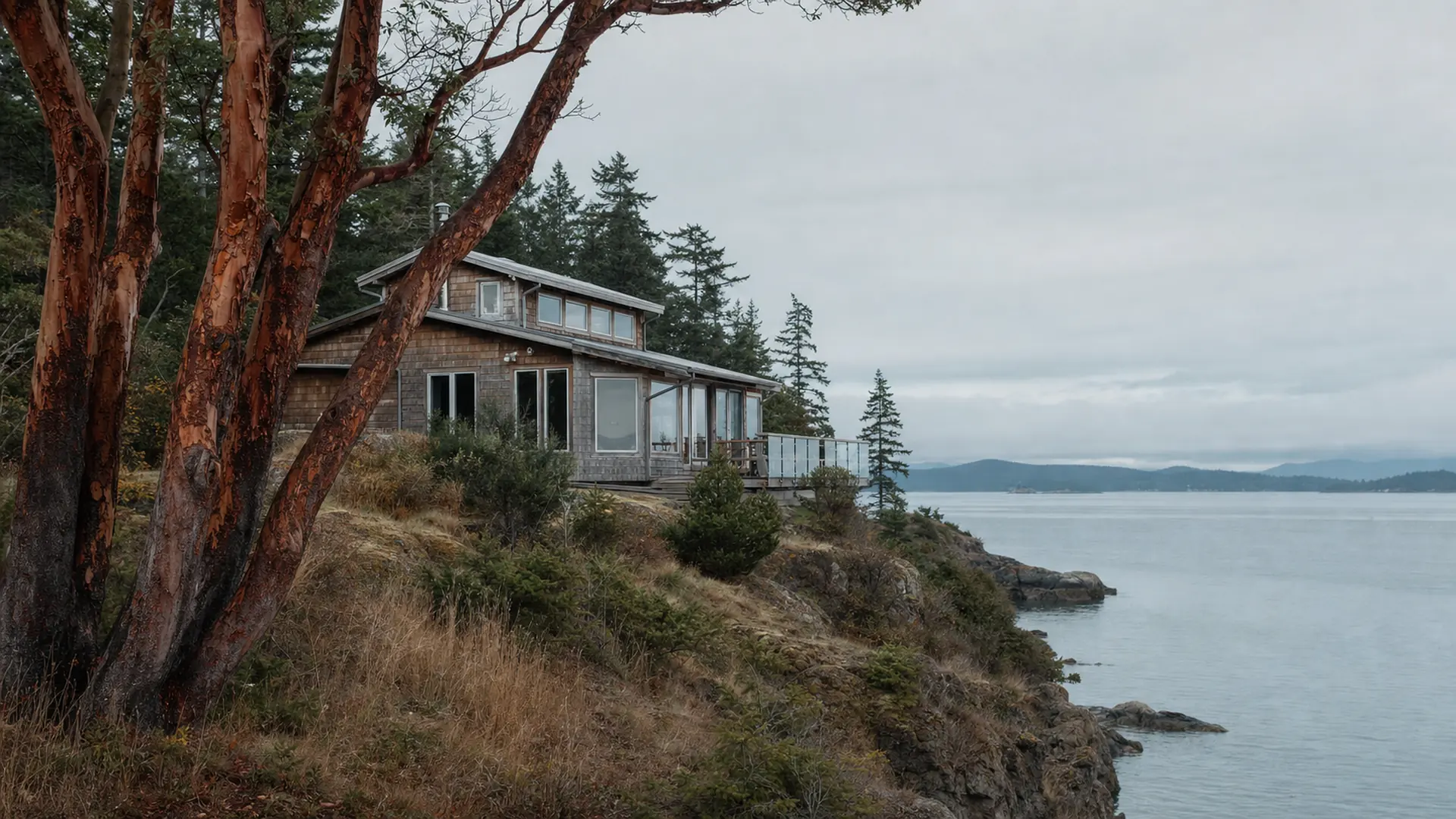 A cedar-sided island home standing among firs on a slope above the water in flat spring light