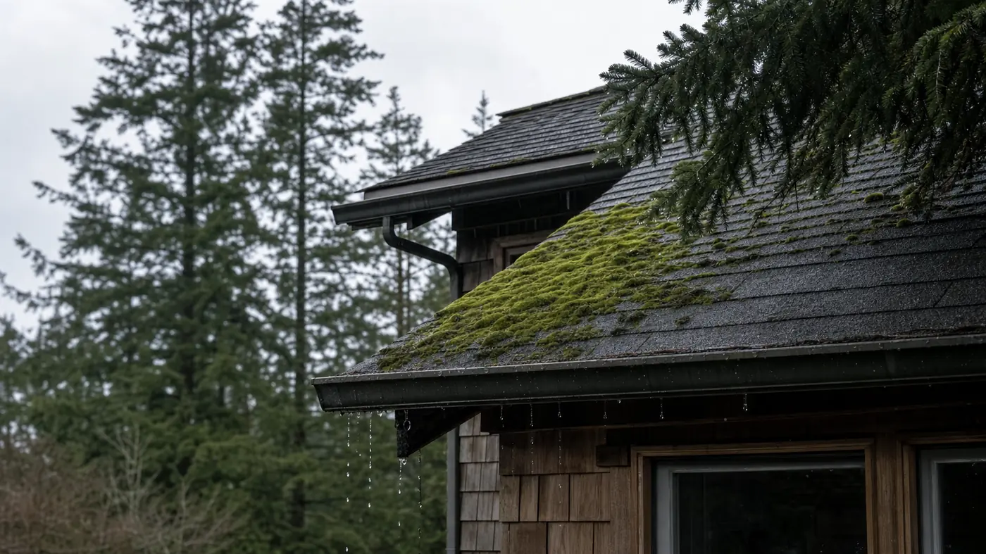Moss on the shaded slope of a shingle roof with water dripping from the gutter of a cedar-shingled house