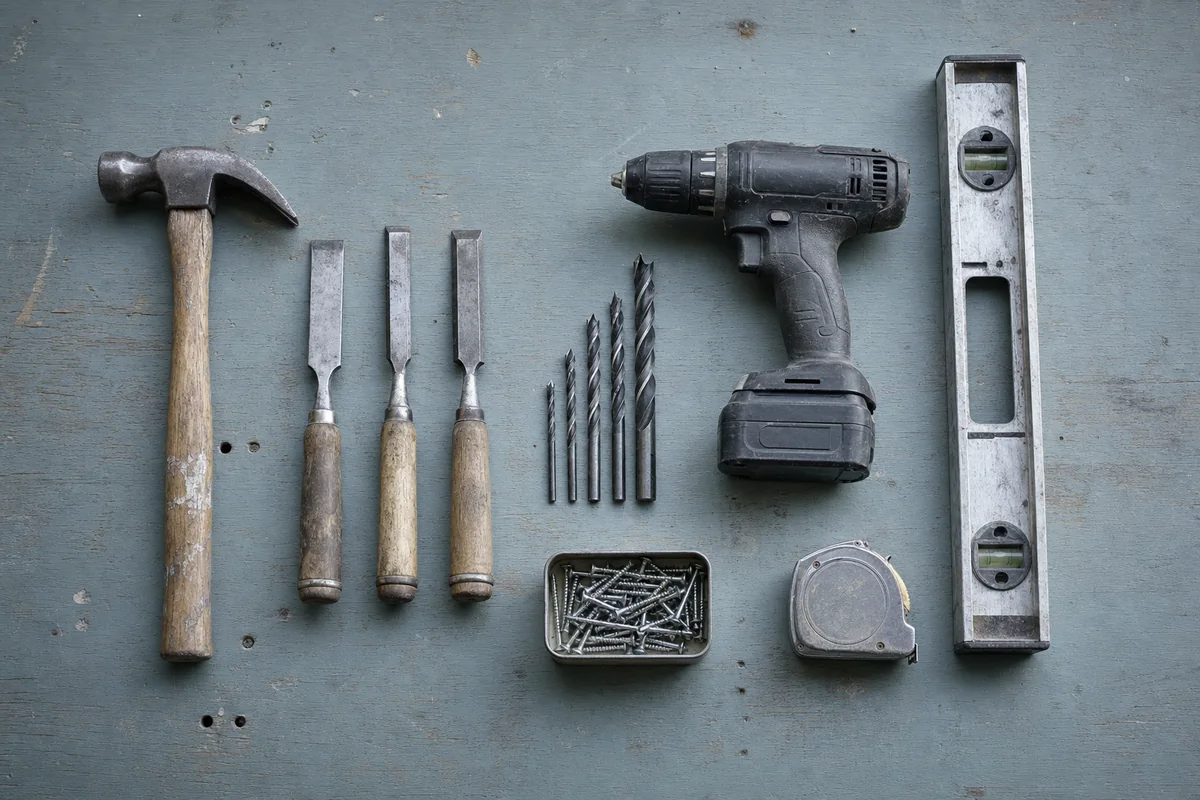 Well-used hand tools laid out on a worn plywood workbench